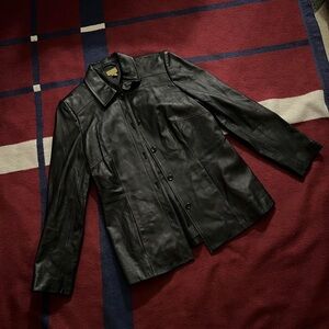 Carlson black collared genuine leather jacket contrast stitching button down S